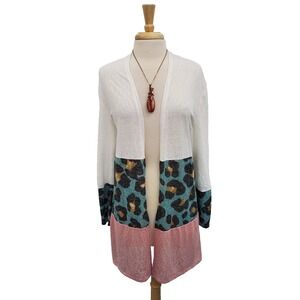 Leopard Colorblock Cardigan White Teal Pink Open Front Long Sleeve Womens S